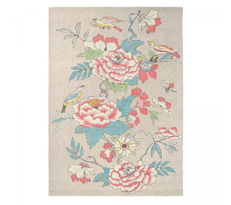 Tapis Salon 200x280 Fait à La Main En Laine Beige Et Corail Motif Floral