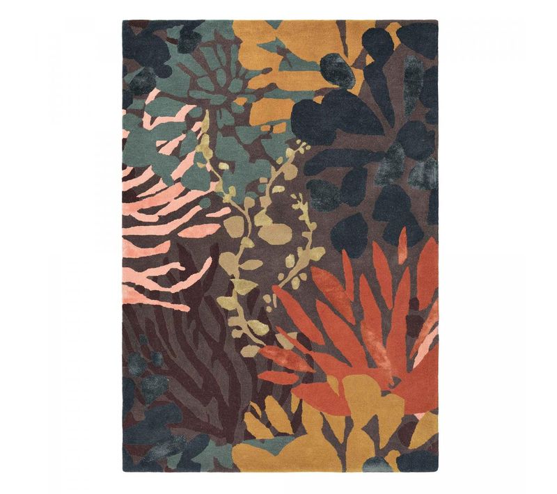 Tapis Entrée 140x200 Tissé En Laine Noir Et Orange Rectangle Motif Floral