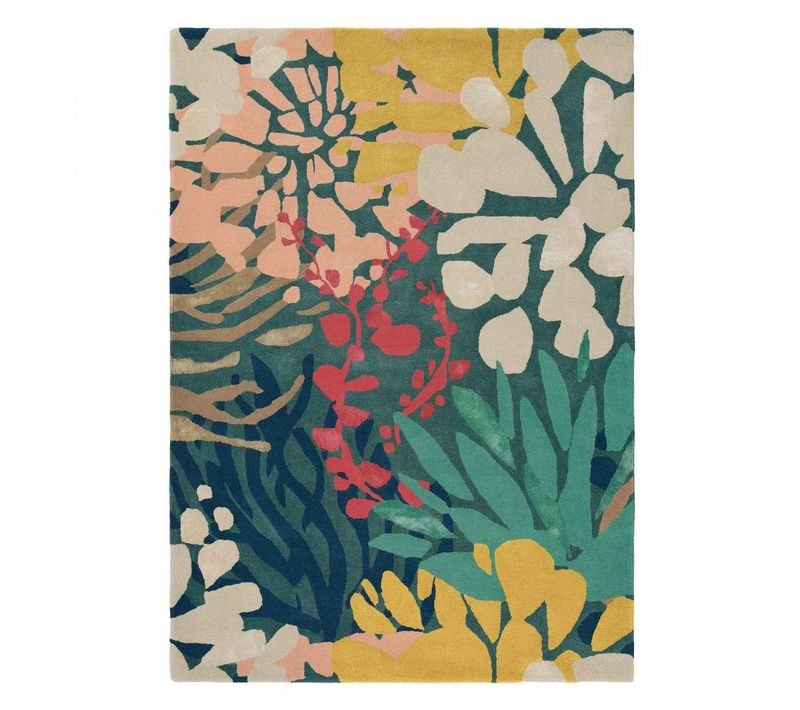 Tapis Chambre 160x230 Tissé En Laine Vert Et Jaune Rectangle Motif Floral
