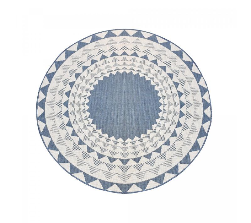 Tapis Rond D'extérieur, Kilim Reversible Ø240cm Lyn2 C Rond Reversible Bleu Et Blanc