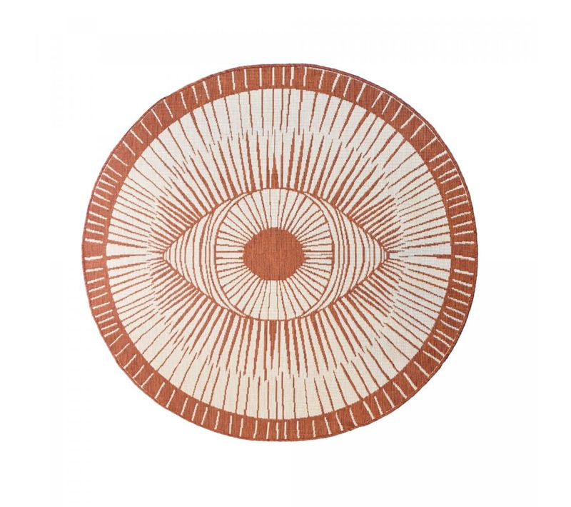 Tapis Rond D'extérieur, Kilim Reversible D.120cm Lyn2 B Rond Reversible Ocre Et Crème
