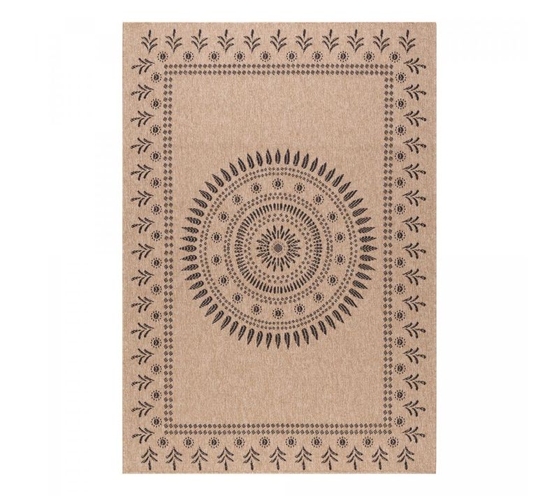 Tapis Extérieur Ø80cm Rond Tissé Kilim Beige Et Noir Jute Art 6