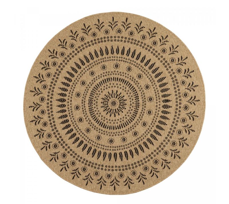 Tapis Rond D'extérieur D.120cm Tissé Kilim Beige Et Noir Jute Art 6