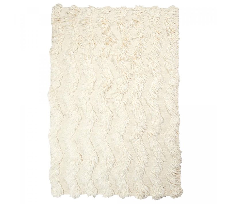 Tapis Shaggy 120x170 Rectangle Fait Main Crème En Laine Motif Uni Flokata