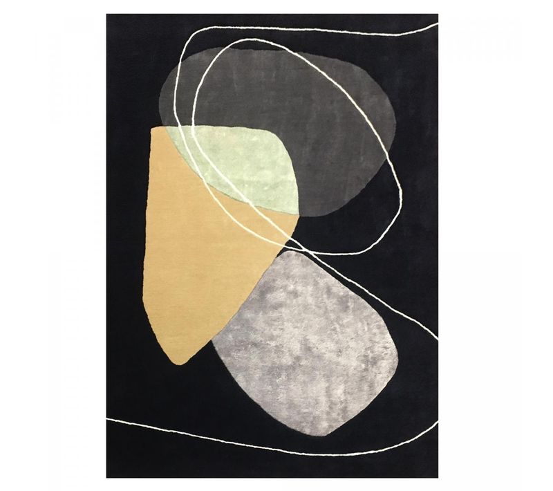Tapis Salon 200x290 Fait Main En Laine Bleu Nuit Et Beige Motif Géométrique