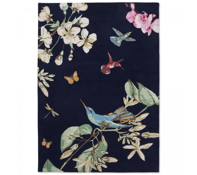 Tapis Entrée 120x180 Fait à La Main En Laine Bleu Marine Et Vert Motif Floral