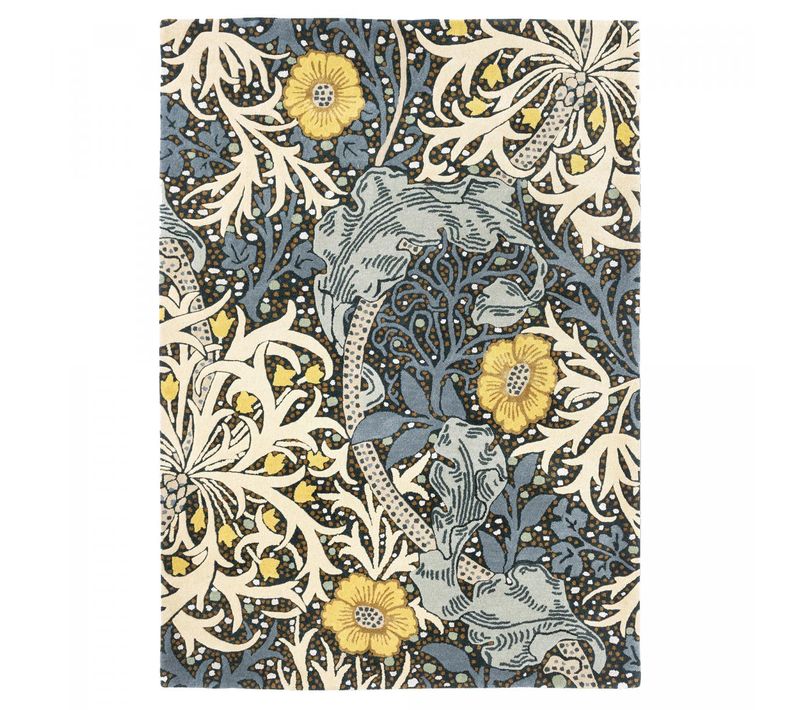 Tapis Salon 200x280 Fait à La Main En Laine Bleu Et Jaune Motif Floral
