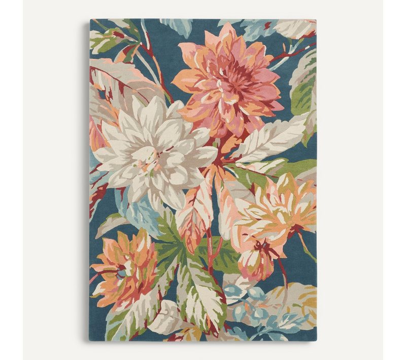 Tapis Salon 200x280 Fait à La Main En Laine Bleu Et Orange Motif Floral