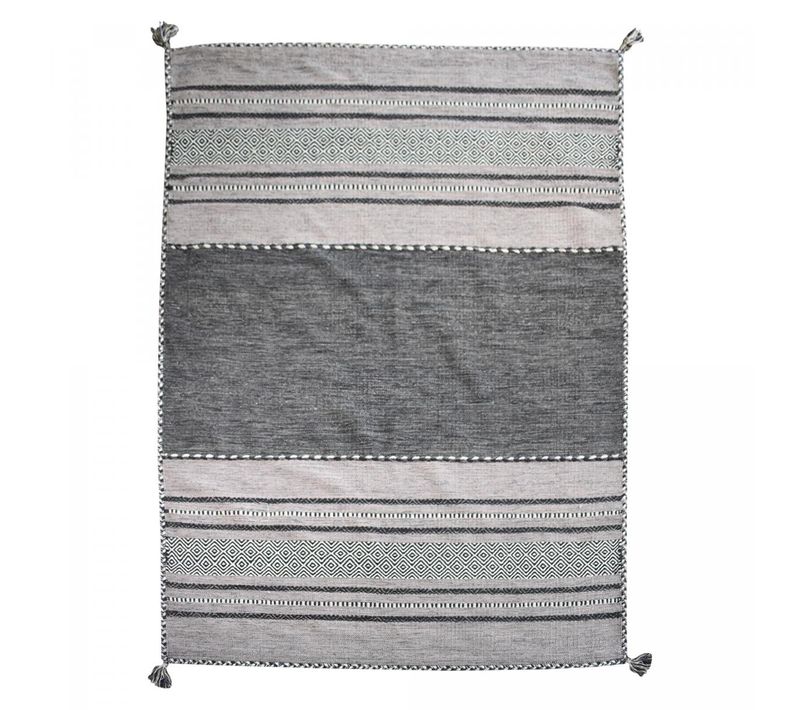 Tapis Kilim 80x150 Rectangle Fait Main En Coton Gris Et Noir Motif Ethnique