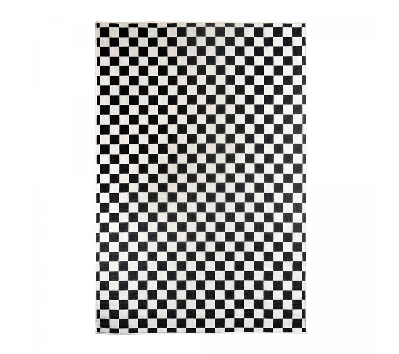 Tapis Extérieur, Kilim Reversible 200x290 Motif Damier à Reversible Noir Et Blanc