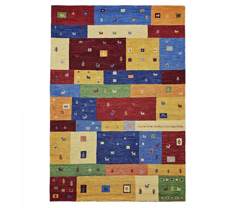 Tapis Berbère 120 X 170 Cm, Multicolore Bleu Rouge, Laine Noble, Tufté Main, Dessin Gabbeh