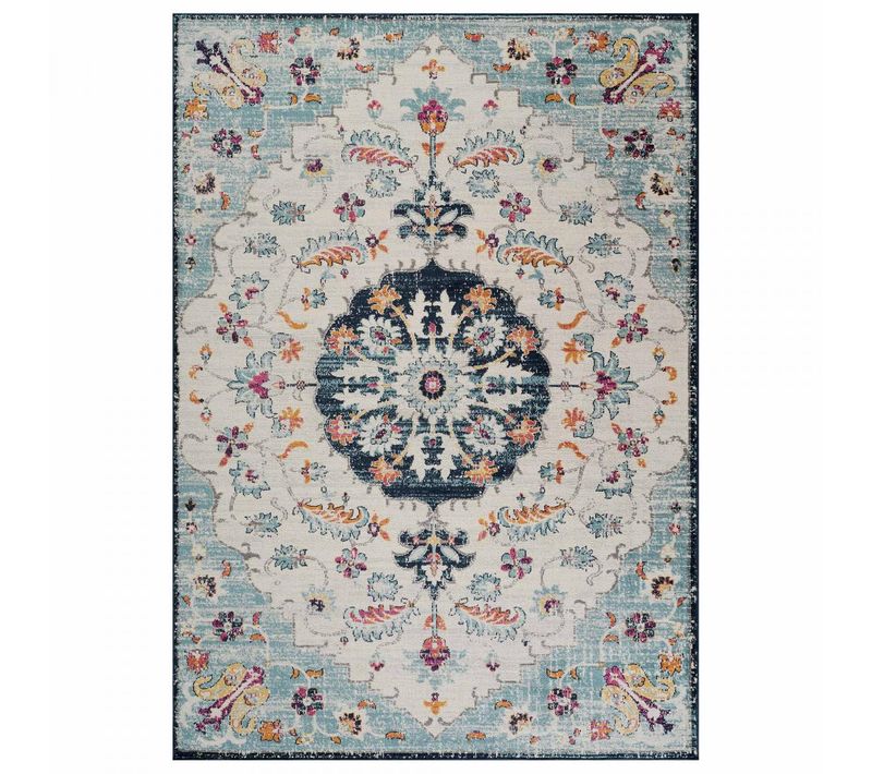 Tapis D Orient 200x280 Médaillon Floral Bleu Ecru Lyn3 Med Tissé Style Classique.