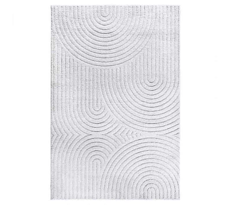 Tapis Salon 200 X 280 Cm, Blanc Et Gris, Motif Rond Graphique, Relief, Pliable Et Facile D'entretien