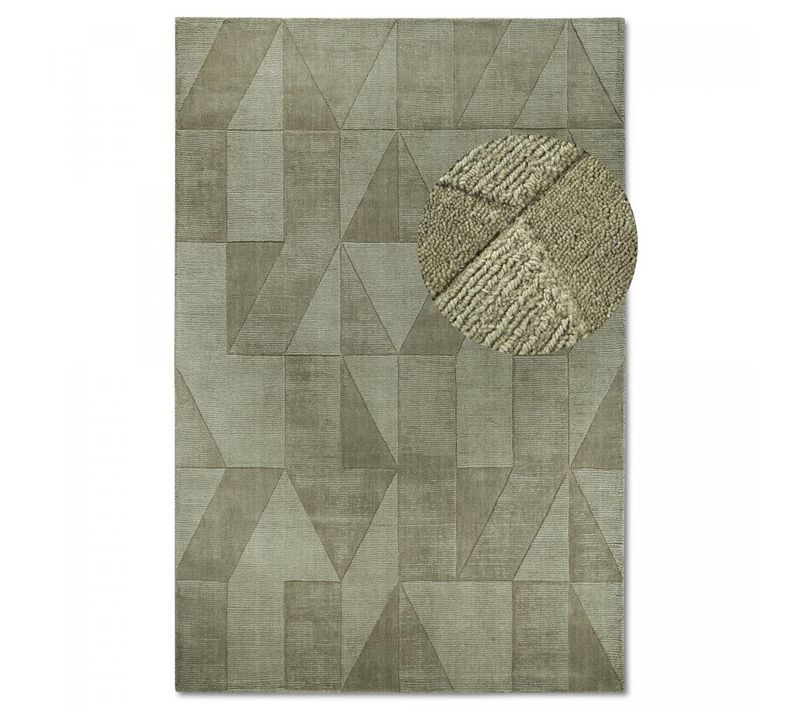 Tapis Salon 190 X 280 Cm, Vert, Beige, Laine Noble Tissée à La Main, Motif Géométrique, Ursule