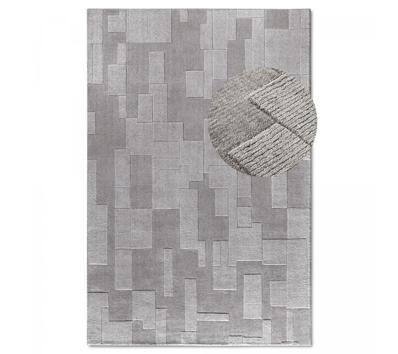Tapis Salon 190 X 280 Cm Gris, Beige, Laine Noble, Wilhelmine, Structure Relief Authentique