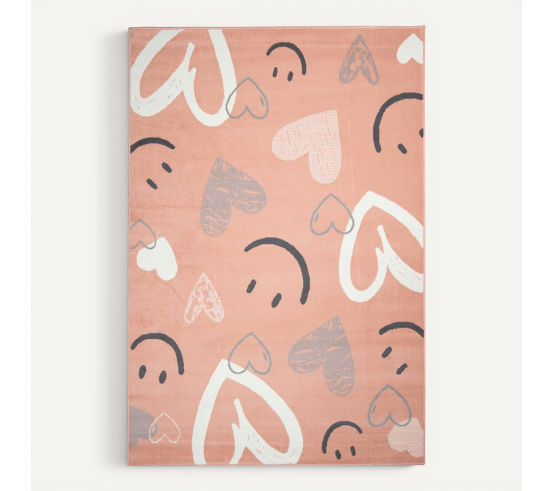 Tapis Enfant 120 X 170 Cm, Motifs Cœurs Et Smileys, Rose Poudré, Ludique Et Doux