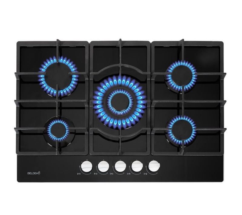Plaque Gaz 5 Feux En Verre Noir - Brûleurs Et Grilles En Fonte - 10 800 Watts Encastrement 56x49 Cm