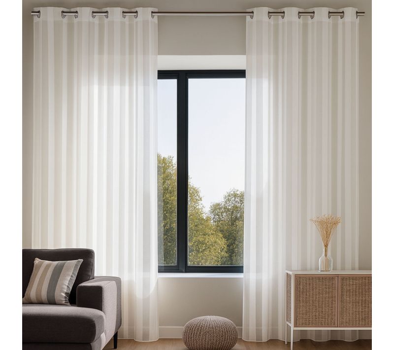 Voilage Blanc à Rayures Ton Sur Ton - 140x260 Cm - Blanc
