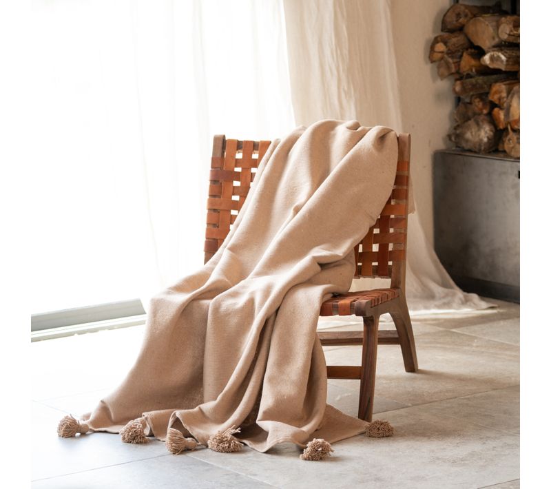 Plaid Ou Jeté De Lit Laine à Pompons - 150x200 Cm - Beige