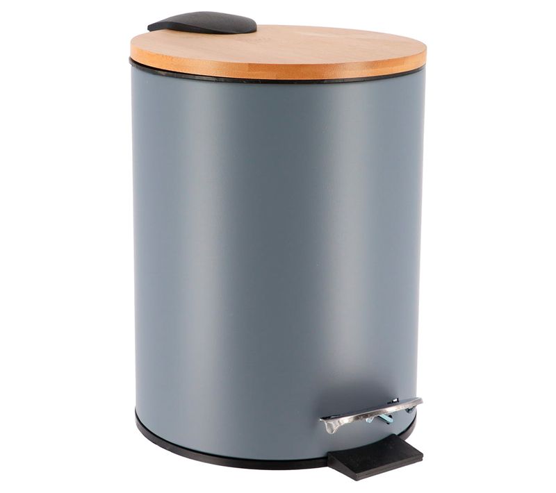 Poubelle à Pédale 3l En Métal Gris Avec Couvercle En Bambou