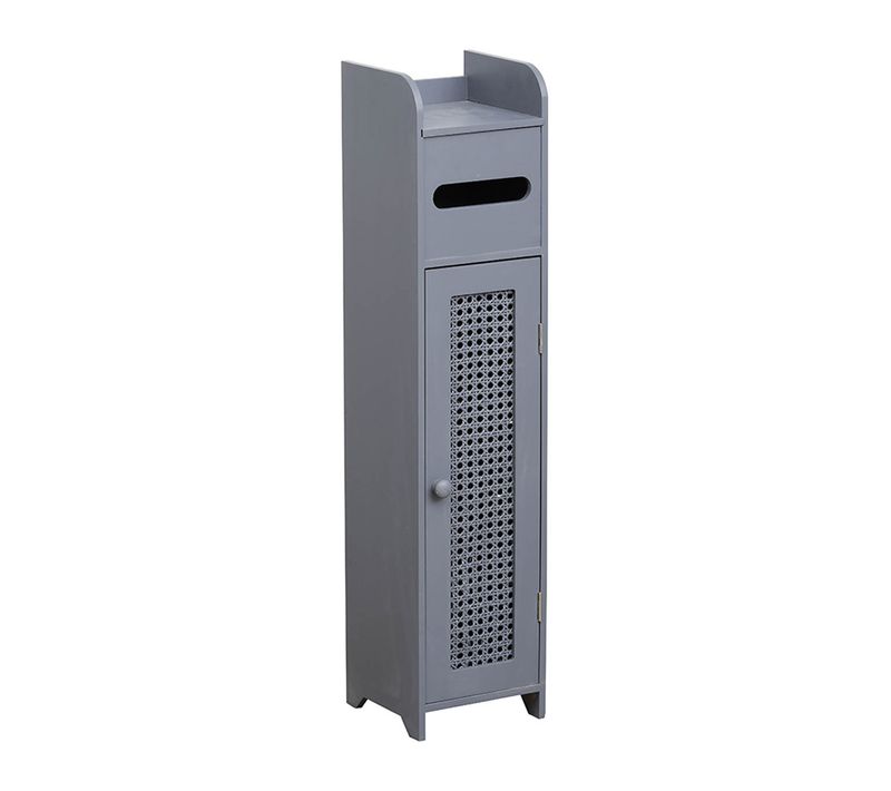 Meuble Réserve Et Dérouleur De Papier Wc En Bois Gris Et Cannage En Rotin Gris