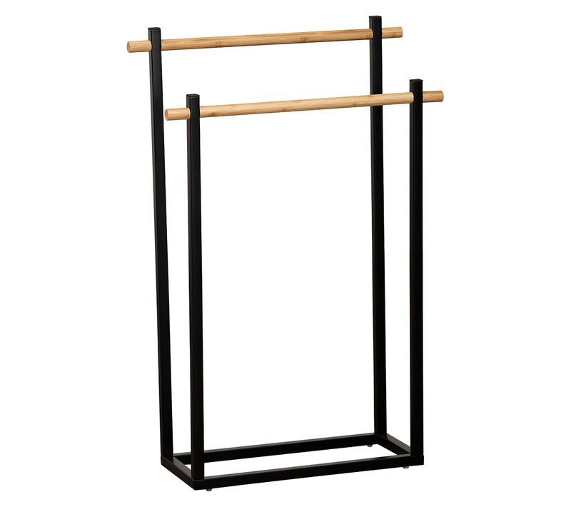 Porte Serviettes Métal Noir 2 Barres Bambou