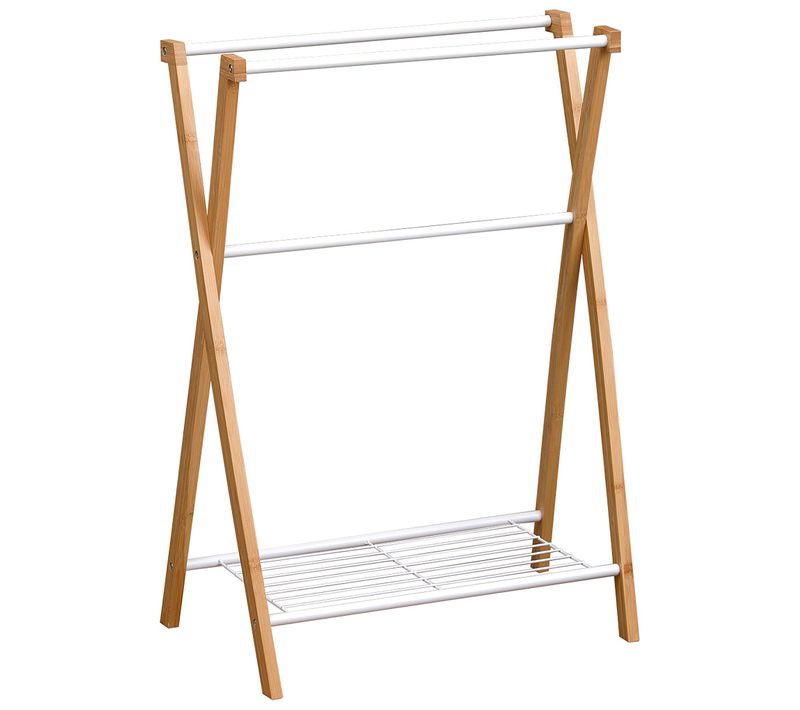 Porte-serviettes 3 Barres Et 1 Tablette En Bambou Et Métal Blanc H 86 Cm