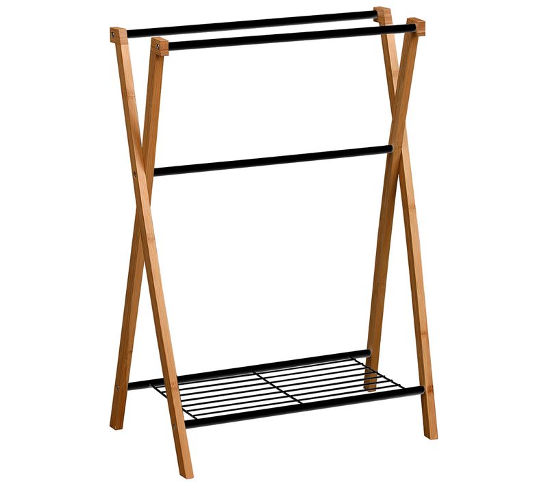 Porte-serviettes 3 Barres Et 1 Tablette En Bambou Et Métal Noir H 86 Cm