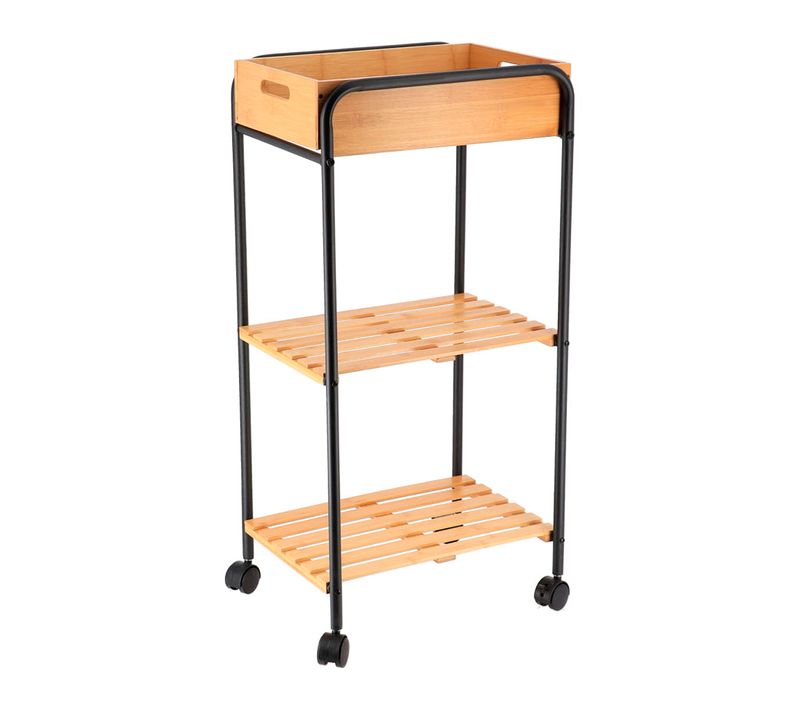 Desserte Roulante 3 Niveaux En Bambou Et Métal Noir H 80 Cm