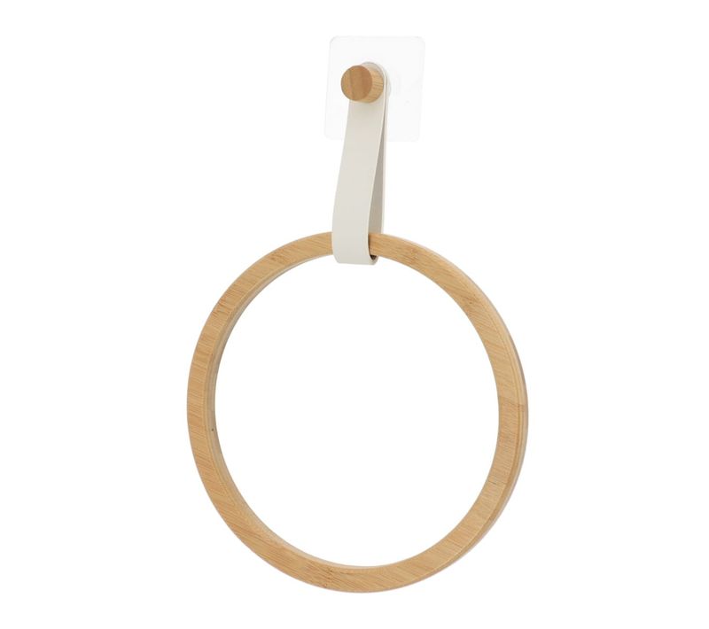 Porte-serviette En Bambou Avec Lanière Blanc Mat En Simili Cuir