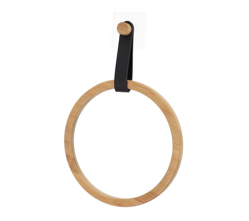 Porte-serviette En Bambou Avec Lanière Noir Mat En Simili Cuir