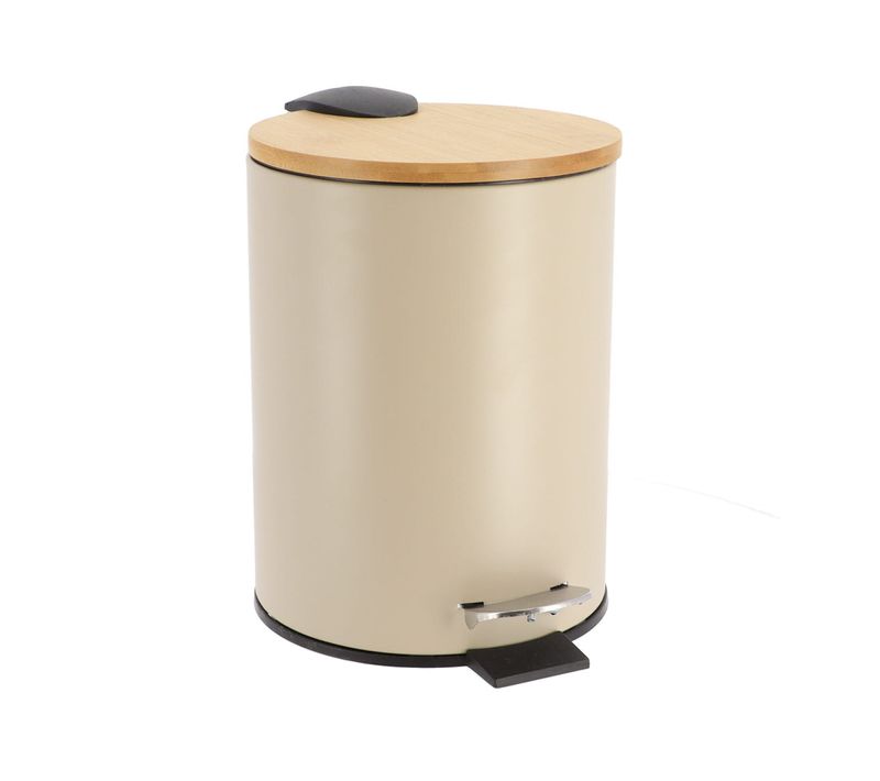 Poubelle à Pédale 3l En Métal Taupe Avec Couvercle En Bambou
