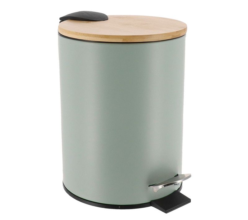 Poubelle à Pédale 3l En Métal Vert Eucalyptus Avec Couvercle En Bambou