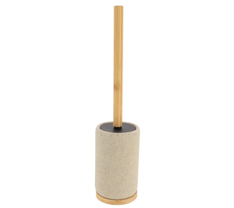 Brosse Wc Avec Support En Résine Beige Lin Aspect Maille Et Manche En Bambou