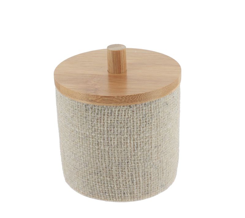 Boite à Coton Et Cotons-tiges En Résine Beige Lin Aspect Maille Avec Couvercle En Bambou
