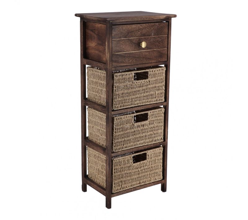 Meuble De Rangement En Bois Marron Avec 1 Tiroir Et 3 Paniers Tressés H 86 Cm