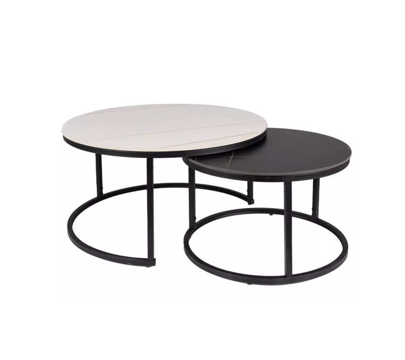 Set De 2 Tables Basses Effet Marbre "ferrante B" - Blanc Mat/noir Mat - D 80 X H 42 Cm