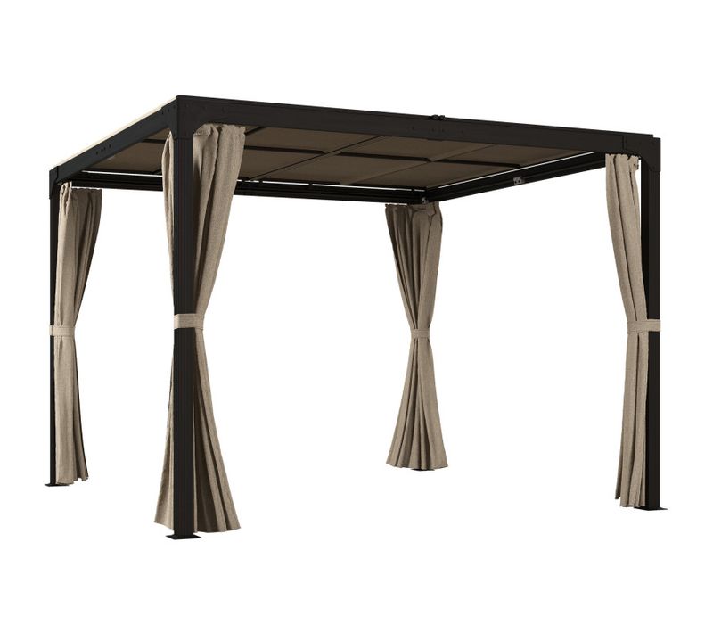 Pergola Rétractable Double Toit Et Rideaux Mia Beige Et Noire