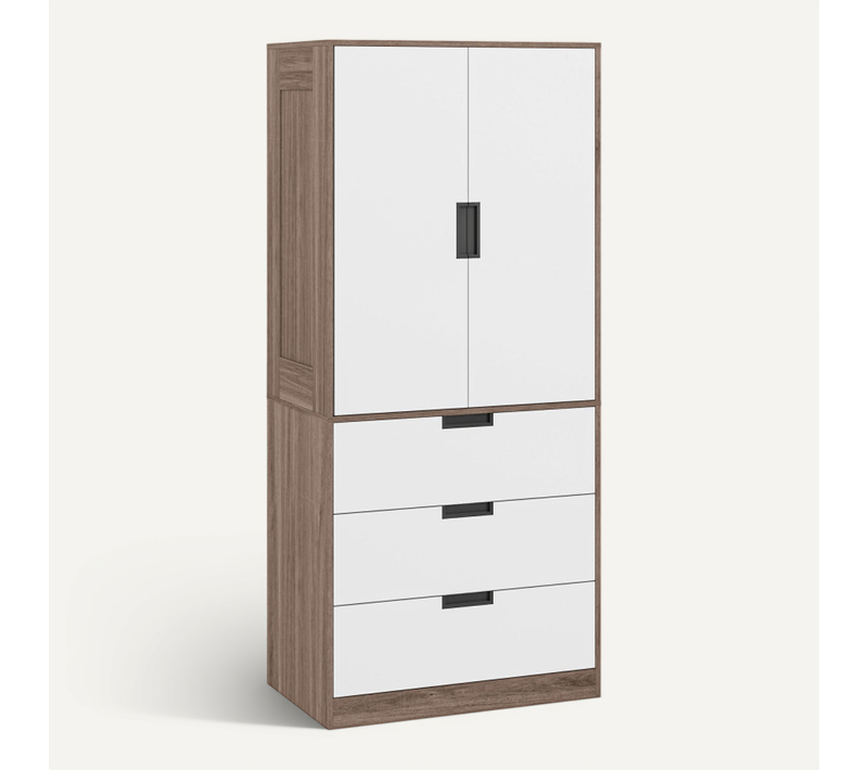 Armoire De Chambre 2 Portes - Penderie, 3 Tiroirs - Blanc Effet Bois