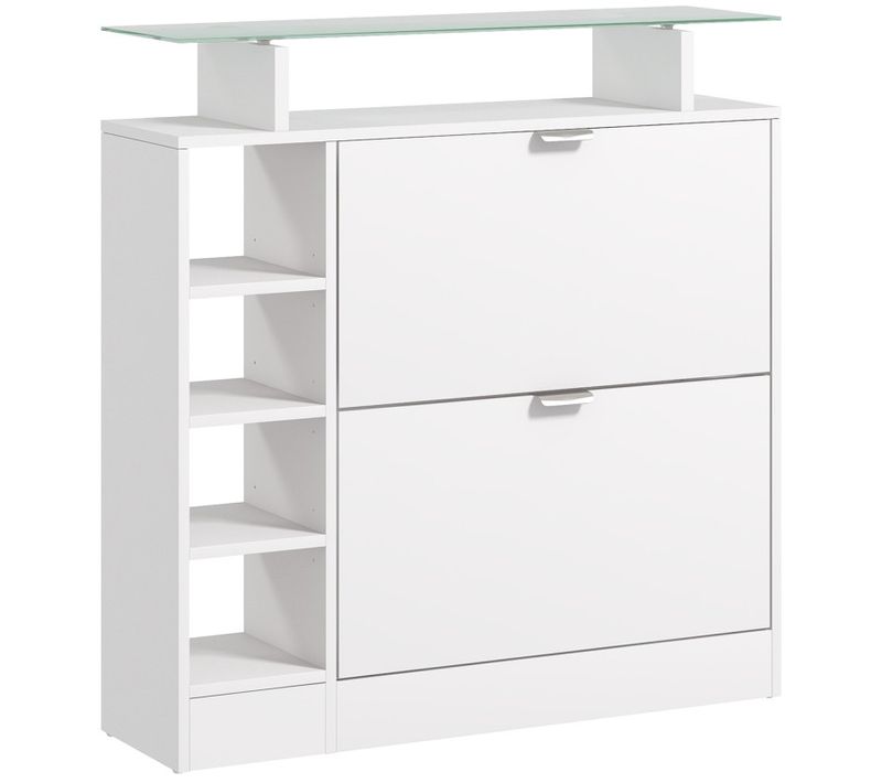 Meuble à Chaussures 2 Tiroirs Rabattables Plateau Verre étagères Réglables Blanc