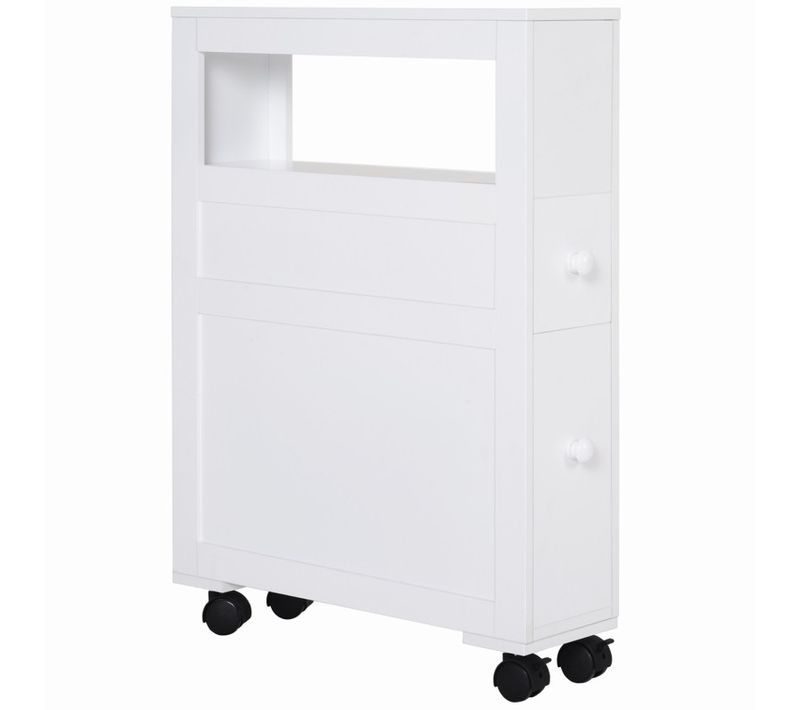 Rangement Wc Salle De Bain Mobile Sur Roulettes - 2 Tiroirs, Niche - Mdf Blanc