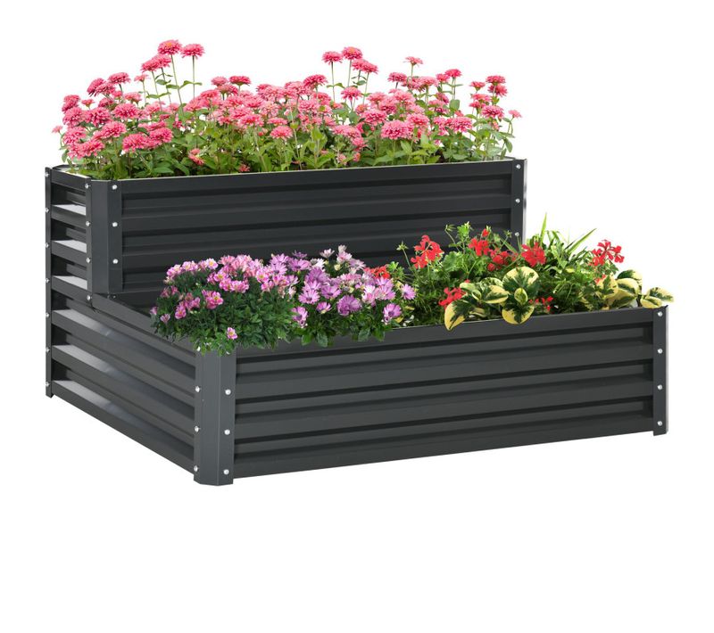 Jardinière Carré Potager 2 Étages Tôle D'acier Ondulée Gris Foncé