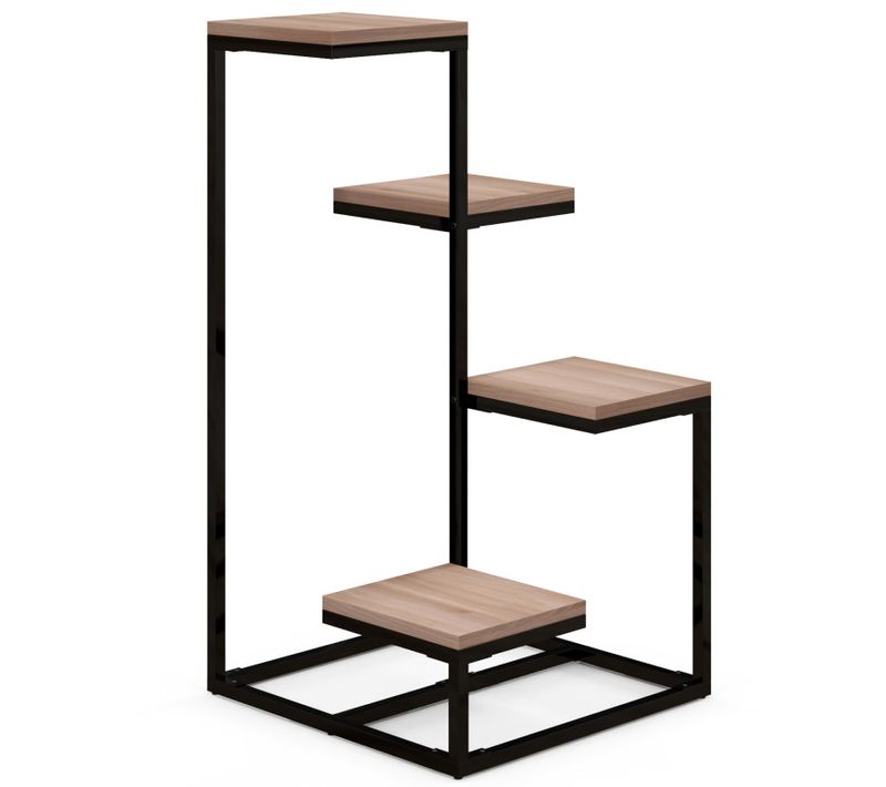 Porte-plantes Style Industriel 4 Étagères Acier Noir Bois Sapin Verni