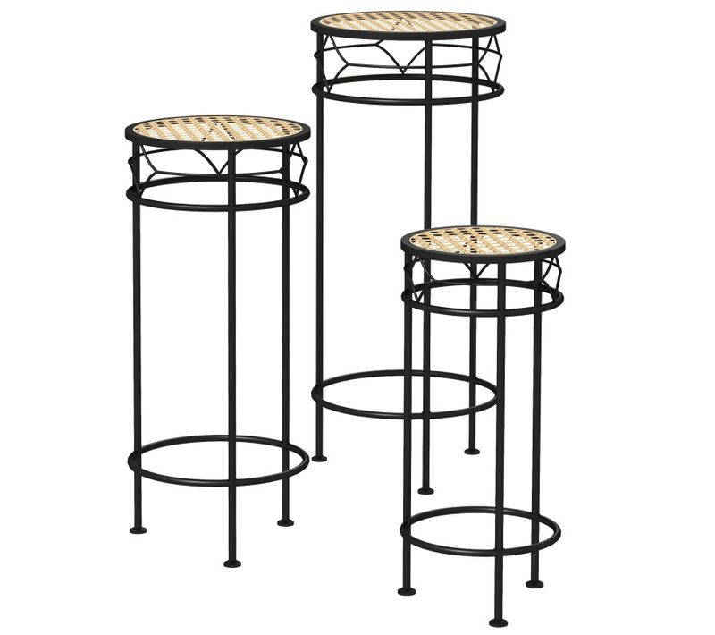 Lot De 3 Supports Pot De Fleurs Plateaux Aspect Rotin Métal Doré Noir