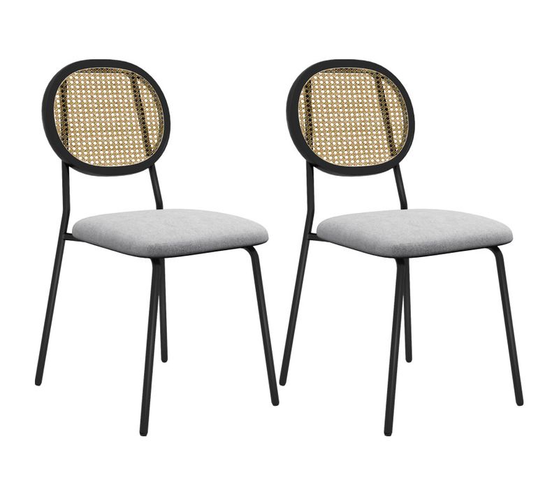 Lot De 2 Chaises Style Vintage Acier Noir Dossier Ovale Aspect Rotin Assise Tissu Gris
