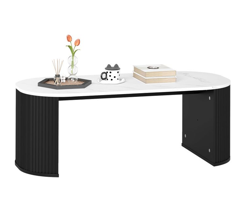 Table Basse Ovale Poly Effet Marbre Blanc
