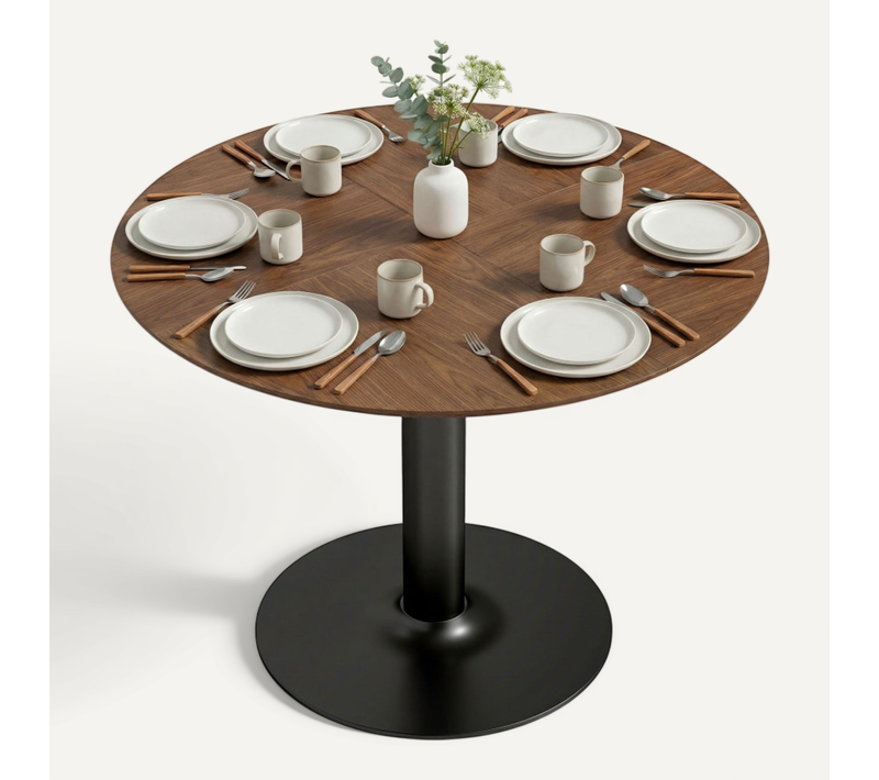 Table à Manger Ronde Bravelle élégante Effet Bois Noyer Acier Noir Design Spacieuse 6 Personnes