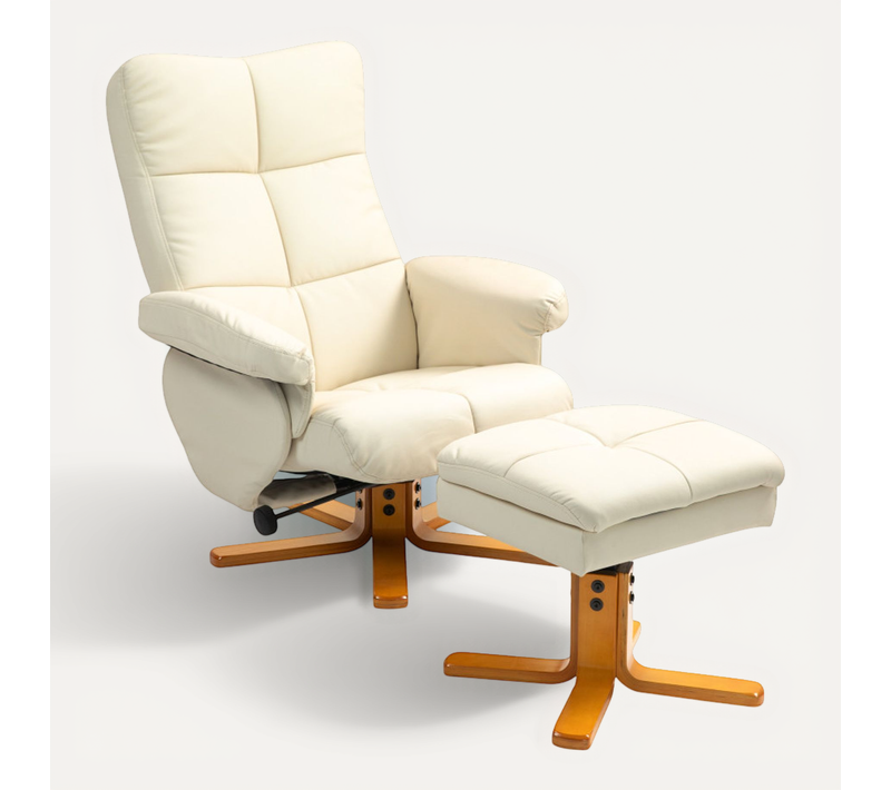 Fauteuil Relax Solixia Confort Inclinable Repose-pieds Rangement Crème Et Bois Verni