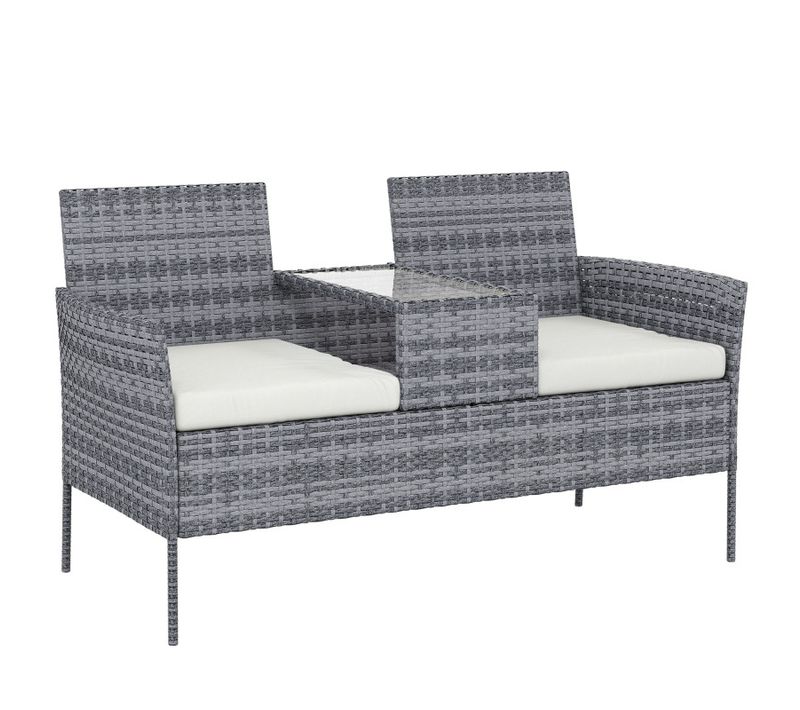 Banc Jardin Elspeth Résine Tressée 2 Places Table Coussins Noir Extérieur
