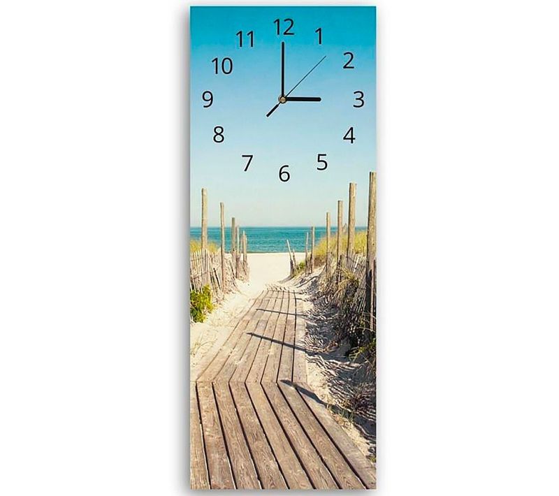 Horloge Plage Sable Et Mer Panoramique - Décoration Murale 30 X 90 Cm Bleu